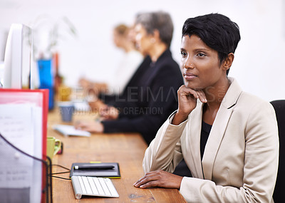 Buy stock photo Business woman, thinking and planning with computer at office for career, job or vision. Female person or employee in wonder or thought for planning, brainstorming or schedule reminder at workplace