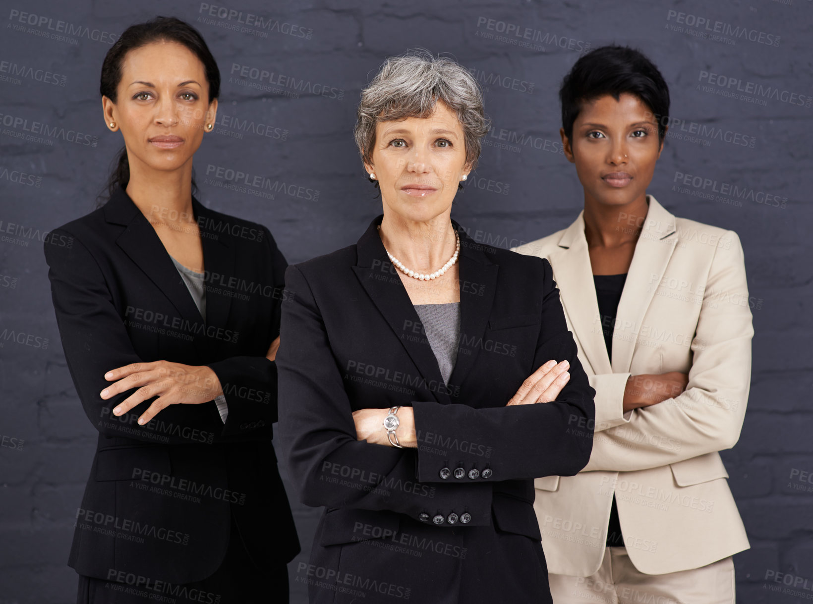 Buy stock photo Team, diversity and portrait of business women with confidence, power and empwerment in corporate career by gray wall. People, management and leadership together for job in banking, finance and trade