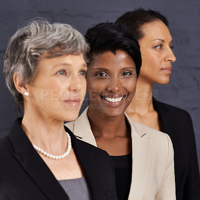 Buy stock photo Smile, diversity and portrait of business woman with team, staff or professional in corporate career by gray wall. People, management and leadership together for job in banking, finance or investment