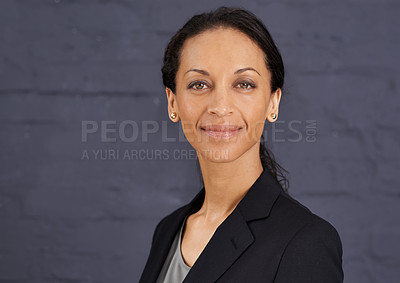 Buy stock photo Woman, portrait and corporate professional with smile, pride and ambition with confidence isolated on wall background. Happy in career, job satisfaction with business and real estate agent in Brazil