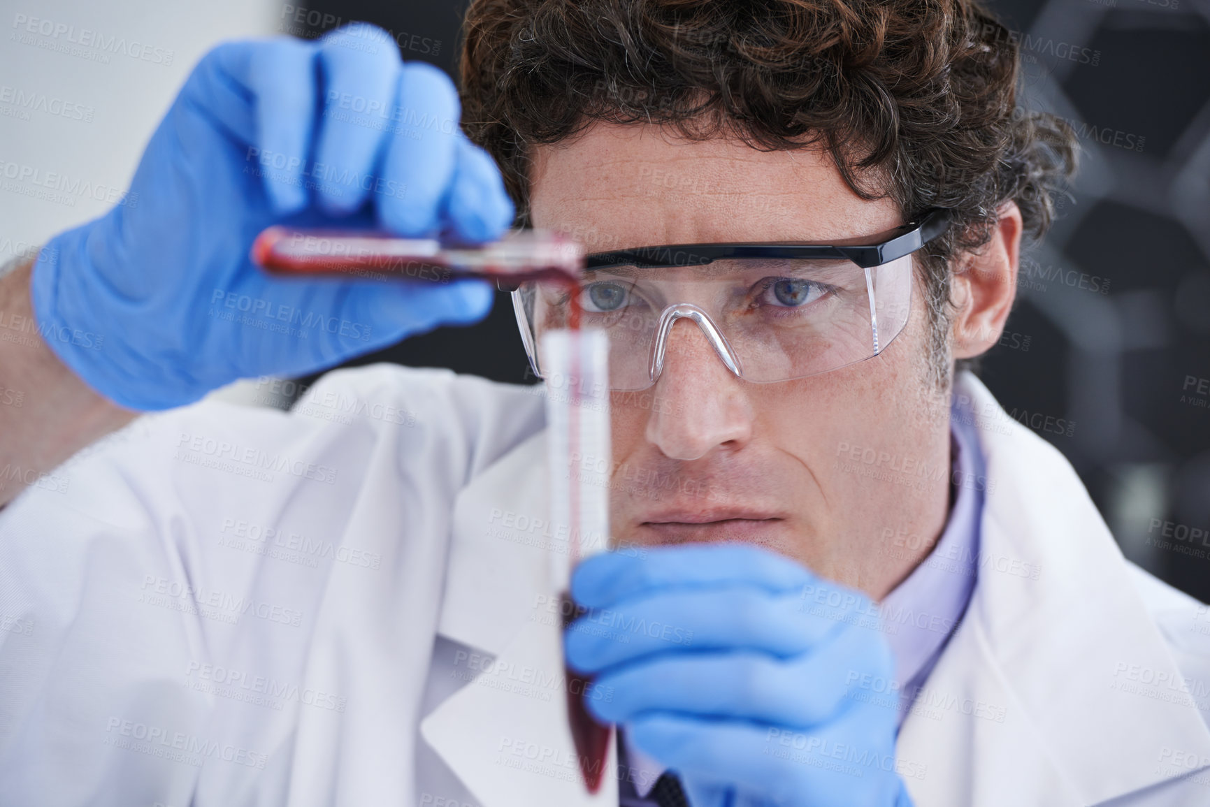 Buy stock photo Science, research and man with blood in test tube for biotech engineering, pathology and analysis. Laboratory, investigation and scientist checking DNA sample for medical study in vaccine development