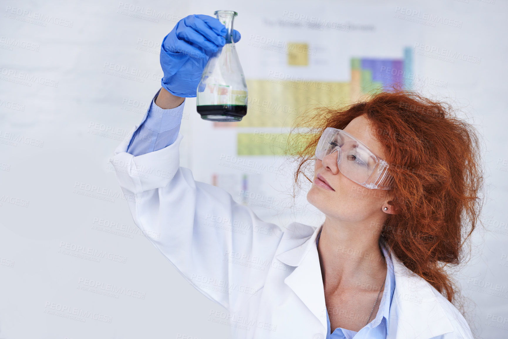 Buy stock photo Science, liquid and woman with container for research in chemistry, test safety and vaccine development. Laboratory, investigation and scientist with chemical DNA solution in glass for medical study