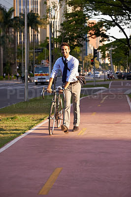 Buy stock photo Bicycle, walking and business man in city for travel, morning commute and journey to work. Professional, urban town and person with bike in street for cycling, sustainable and eco friendly transport