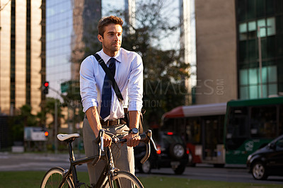 Buy stock photo Bicycle. city and business man for travel, morning commute and journey to work in street. Professional, urban town and person walking with bike for cycling, sustainable and eco friendly transport
