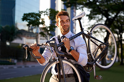 Buy stock photo Morning, businessman and bicycle for sustainable travel, transportation and carbon footprint in city. Professional, commute and male employee walking with bike for cycling, journey or eco friendly