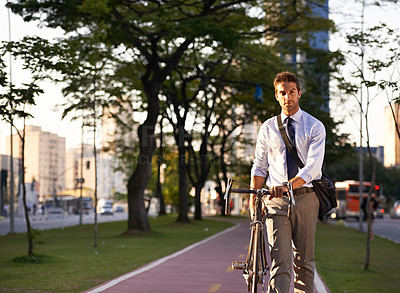 Buy stock photo Bicycle, travel and business man in city for journey, morning commute and walking to work. Professional, urban town and person with bike for cycling, sustainable and eco friendly transport in street