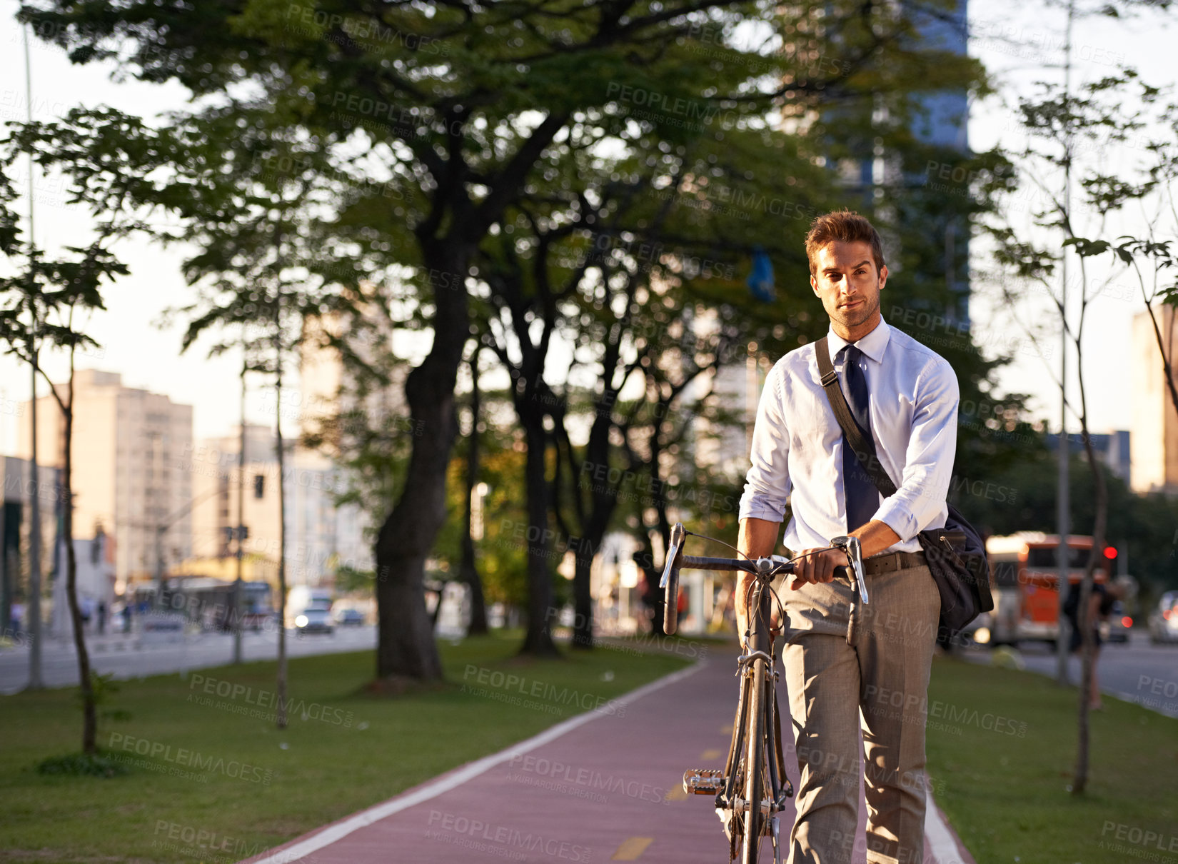 Buy stock photo Bicycle, travel and business man in city for journey, morning commute and walking to work. Professional, urban town and person with bike for cycling, sustainable and eco friendly transport in street
