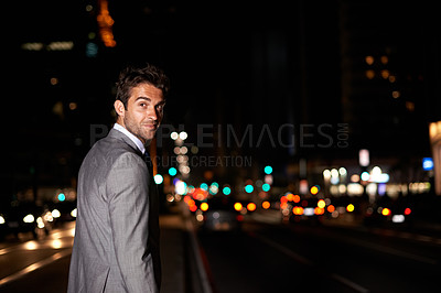 Buy stock photo Businessman, portrait and city lights or dark night for financial advisor for corporate professional, building or late. Male person, face and suit with bokeh for urban traveling, street or commute