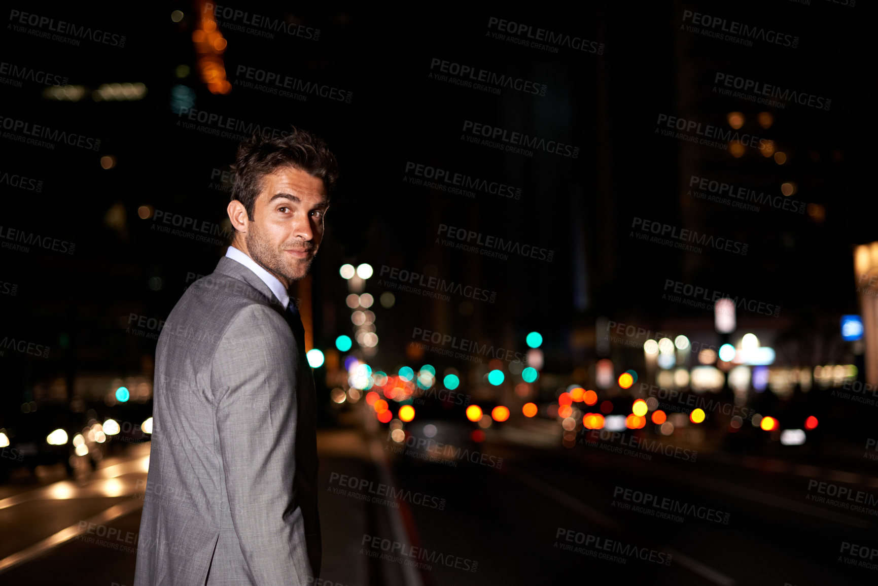 Buy stock photo Businessman, portrait and city lights or dark night for financial advisor for corporate professional, building or late. Male person, face and suit with bokeh for urban traveling, street or commute