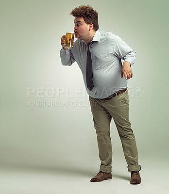 Buy stock photo Overweight, drunk and man with beer to drink, professional and alcohol in pint. Chubby, male person and guy with stomach from beverage to have fun as plus size adult with obesity of fat in studio