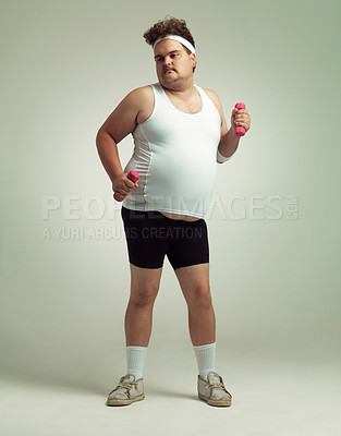 Buy stock photo Man, plus size and dumbbells for exercise in studio on white background for health, weight loss and fitness. Workout, diet and committed for wellbeing with weights for training, care and confidence