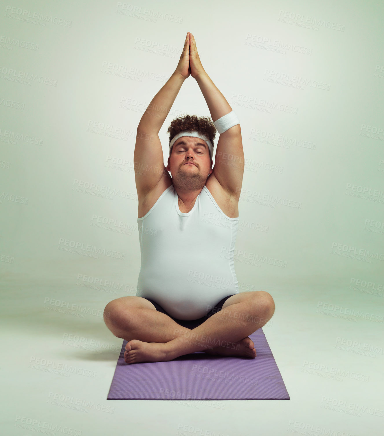 Buy stock photo Man, plus size and meditation with mat in studio on white background with exercise or stretching for fitness. Healthy, wellness and progress with body positivity for mindset, zen and hands up