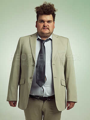 Buy stock photo Plus size, portrait and man with stomach, shirt and professional annoyed with clothes for work. Adult, male person and guy with moody, unhappy and upset with fitting of belly in suit in studio job