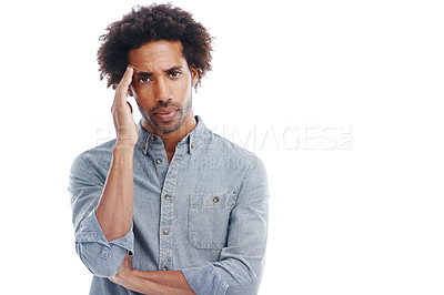 Buy stock photo Man, portrait and headache pain in studio or stress pressure with brain fog or burnout, vertigo or white background. Male person, temple and tension as migraine tinnitus for fatigue, tired or mockup