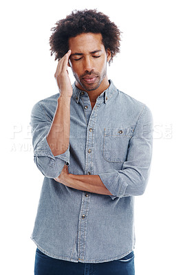 Buy stock photo Man, headache and stress pain in studio with dizzy pressure for brain fog or burnout, vertigo or white background. Male person, temple and tension as migraine tinnitus for fatigue, tired or mockup