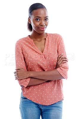 Buy stock photo Smile, portrait and black woman for fashion, clothes or trendy with cool outfit isolated on white background. Female person, casual and lady with arms crossed, blue jeans or garments in studio
