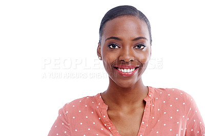 Buy stock photo Studio, mockup and portrait of black woman with smile for makeup, beauty and cosmetics with confidence. African person, face and happy on white background for cosmetology, satisfaction and positivity