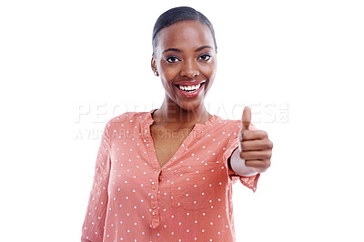 Buy stock photo Black woman, portrait and thumbs up for agreement or feedback, yes and like emoji on white background. Positive review, vote and advice with thanks, hand gesture and success with support in studio