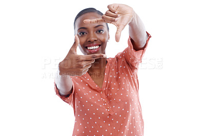 Buy stock photo Black woman, portrait and hands for frame in studio, photography with perspective and smile on white background. Gesture, aesthetic and African model with face, focus and vision to capture POV