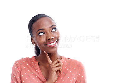 Buy stock photo Black woman, thinking and inspiration for ideas and future, mockup space with mindfulness and solution on white background. Brainstorming, problem solving and insight with smile in studio for vision