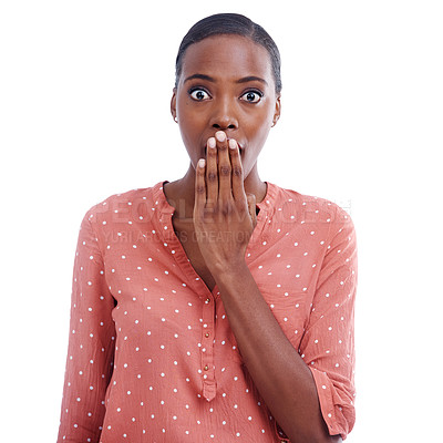 Buy stock photo Black woman, portrait and shock with surprise in studio, reaction to drama with horror and wide eyes on white background. Alarm, alert with notification or news, facial expression and wow for crisis