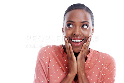Buy stock photo Face, smile and black woman by mockup with wow, surprise and omg expression isolated on white background. Female person, lady and copy space with shock, amazed and excited look for idea in studio