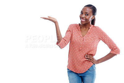 Buy stock photo Black woman, mockup space and advertising in presentation with information, portrait and news on white background. Announcement, presenter with display or show for marketing, promo and ads in studio