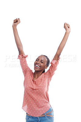 Buy stock photo Excited, black woman and celebration in studio for success, winning or achievement with arms raised. Happy, cheers and person with victory, good news or bonus promotion isolated on a white background