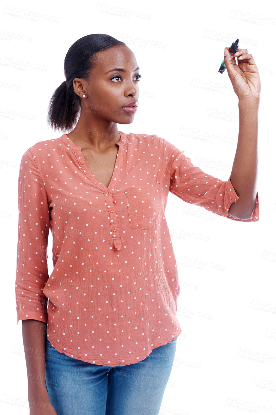 Buy stock photo Pen, black woman and hand for presentation, writing and promotion isolated on white background. Female person, lady and teacher with gesture for display, show and notes for connection in studio
