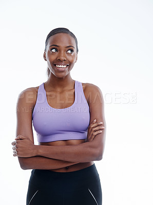Buy stock photo Fitness, smile and thinking with black woman arms crossed in studio isolated on white background for wellness. Exercise, idea and vision with happy young sports model training for health or workout
