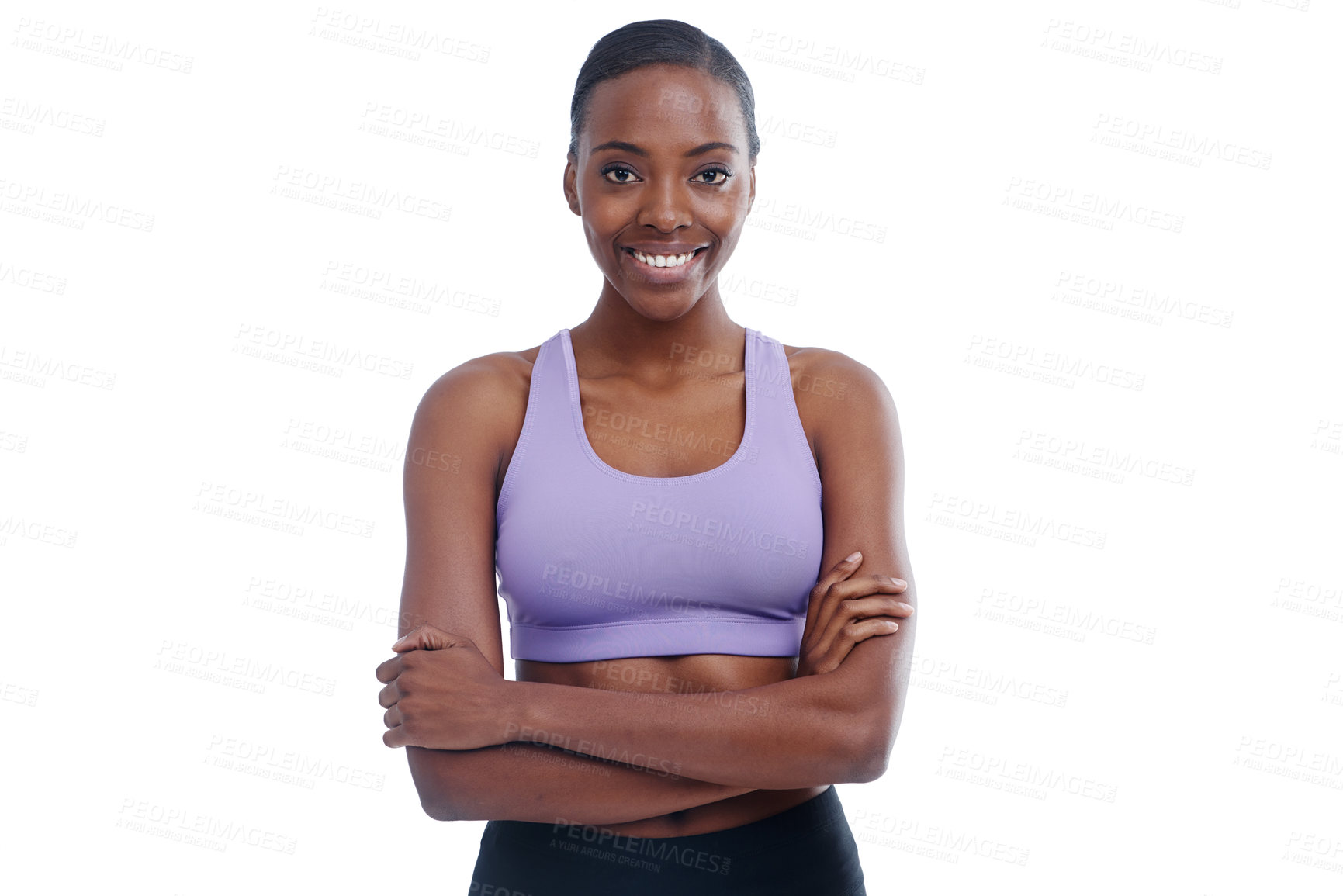 Buy stock photo Portrait, fitness and smile with black woman arms crossed in studio isolated on white background for workout. Exercise, health and wellness confident young sports model training for self improvement