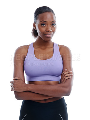 Buy stock photo Portrait, fitness and confident with black woman arms crossed in studio isolated on white background. Exercise, health and workout with confident young sports model training for active wellness