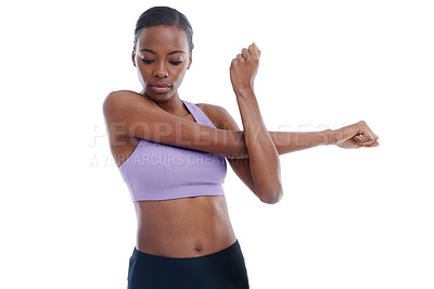 Buy stock photo Fitness, sports and stretching with confident black woman in studio isolated on white background for workout. Exercise, wellness and warm up with serious young gym model getting ready for training