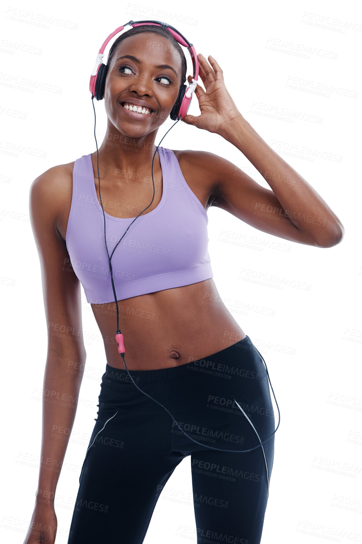 Buy stock photo Music, smile and thinking with fitness black woman in studio isolated on white background for radio streaming. Exercise, vision and headphones with confident young sports model training for wellness
