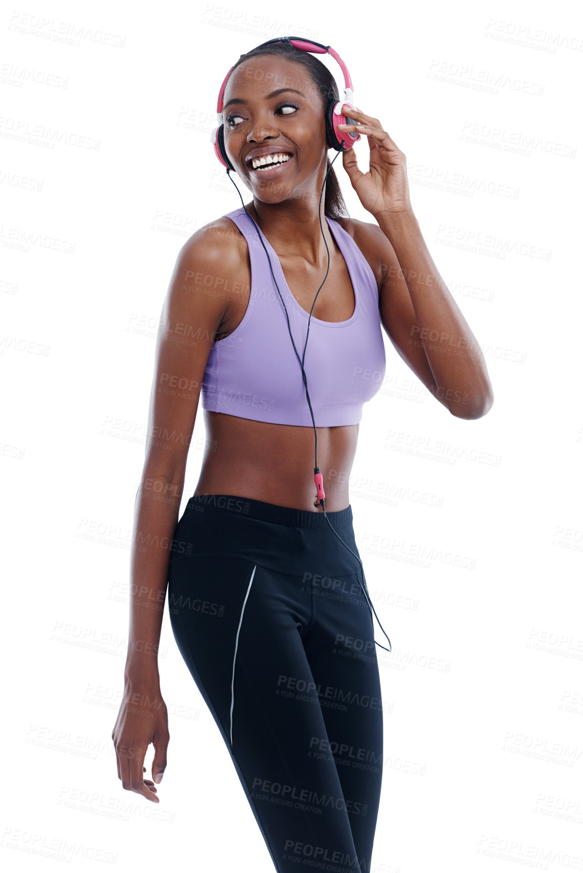 Buy stock photo Exercise, music and thinking with happy black woman in studio isolated on white background for radio streaming. Fitness, idea and headphones with young sports model listening to audio at training