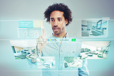Buy stock photo A handsome young black man using a transparent touchscreen.All screen content is designed by us and not copyrighted by others, and upon purchase a user license is granted to the purchaser. A property release can be obtained if needed.