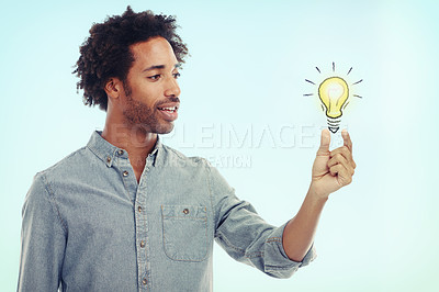 Buy stock photo Man, light bulb and business entrepreneur or idea for creative designer for career growth, blue background mockup space. Male person, hand and startup employee for brainstorming, opportunity or goal