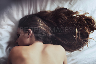 Buy stock photo Sleeping, back and woman in bed resting, dreaming and peaceful, nap and comfort from above. Bedroom, sleep and tired girl enjoying rest in her home, content and calm, quiet and tranquil on weekend