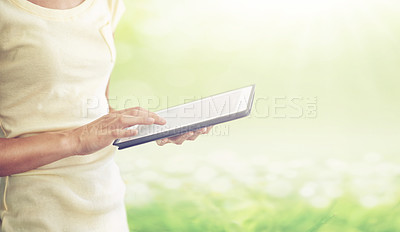 Buy stock photo Nature, tablet and hands of woman in park typing online for social media, networking and communication. Field, meadow and closeup of person with digital technology for website, internet and research
