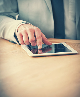 Buy stock photo Hand, business and man with a tablet, typing and connection with internet and social media. Person, employee and entrepreneur with technology and professional with email notification and digital app