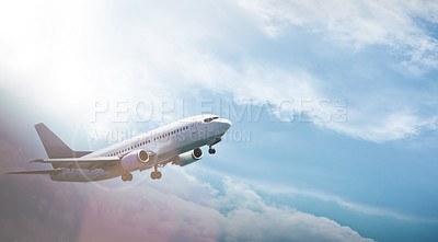 Buy stock photo Airplane, transportation and flight with sky for travel with journey, lens flare and flying in air for tourism. Drone view, commercial aircraft and aeroplane with departure, arrival and destination