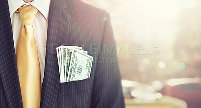 Buy stock photo Suit, finance and businessman with money in pocket for bribe, fraud or financial scam in city Corruption, pay and closeup of professional male person with cash for crime in urban town background.