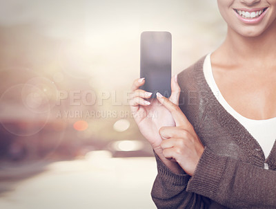 Buy stock photo Screen, hands or happy woman in city with phone for social media, advertising or product placement. Outdoor, pointing or person showing mobile app promo, website or technology mockup space with smile