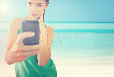 Buy stock photo Woman, beach and selfie with smartphone, vacation and lensflare with nature or sunshine. Tourist, ocean and sand with adventure, holiday and tropical destination for social media and online photo