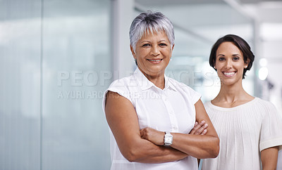 Buy stock photo Business people, leader and smile in portrait at office for trust, support and arms crossed at sales agency. Management, team and corporate group together, happy and confidence with mentor or expert