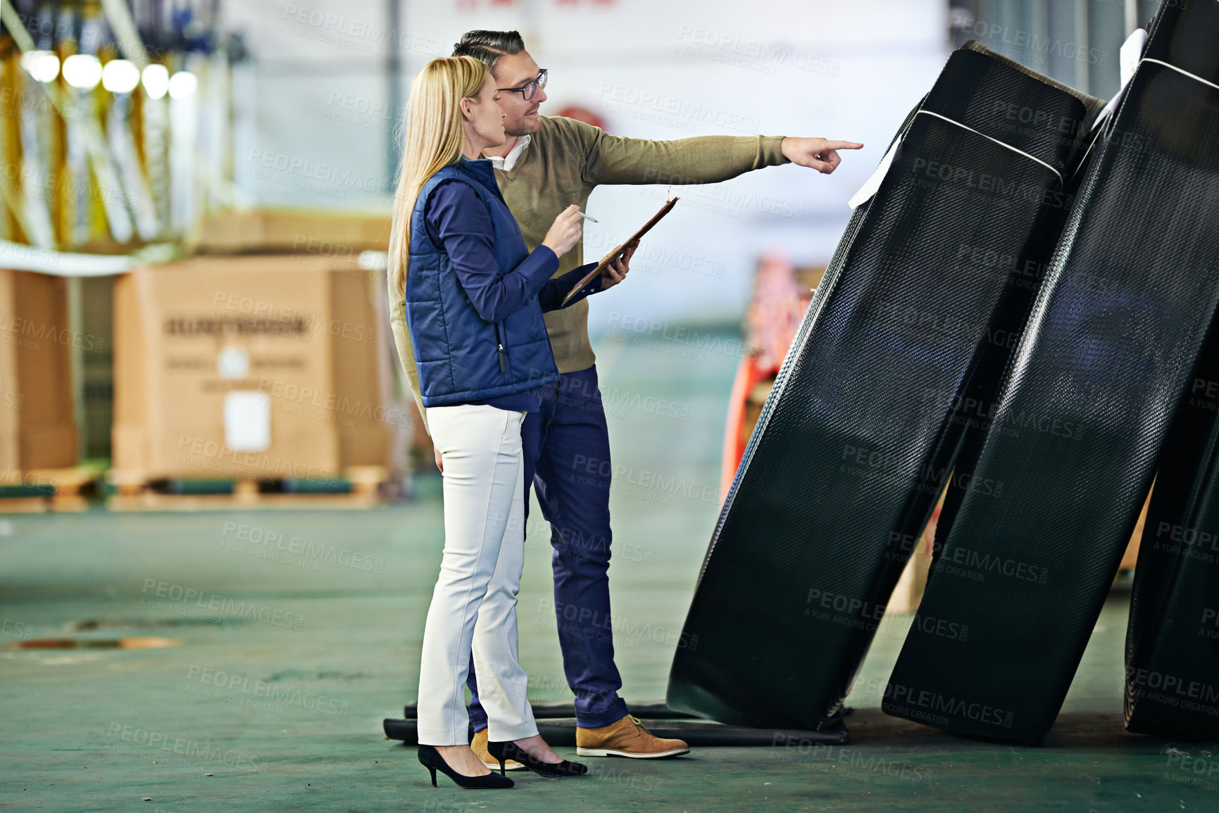 Buy stock photo Business people, logistics and clipboard in warehouse for delivery, shipping inventory and stock inspection. Distribution, industrial factory and teamwork for freight, supply chain or quality control