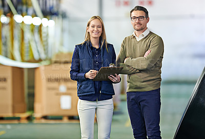 Buy stock photo Warehouse, portrait and people with clipboard for distribution, inventory and boxes for shipping. Colleagues, team and collaboration on import or export, factory and papers for logistics on delivery