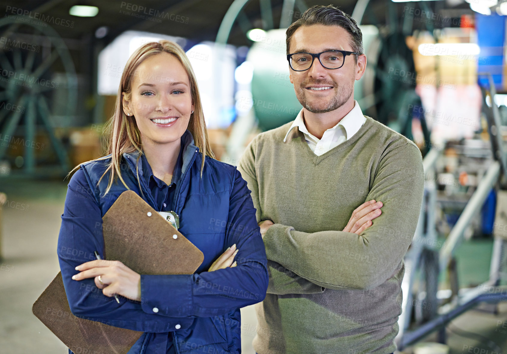 Buy stock photo Portrait, coworkers and managing industrial logistics factory, team and holding clipboard for inventory. Man, woman and together in warehouse for export or distribution, target and stock take.