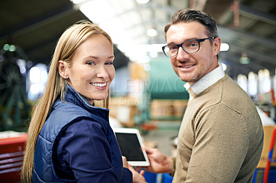 Buy stock photo Business people, logistics and portrait in warehouse with tablet for teamwork, distribution or ecommerce. Woman, man and smile with technology for supply chain, collaboration or digital inspection
