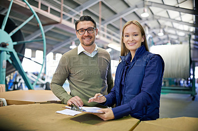 Buy stock photo Warehouse, portrait and people with clipboard for stock, inventory and boxes for shipping. Colleagues, teamwork and collaboration on import or export, factory and paperwork for logistics on delivery